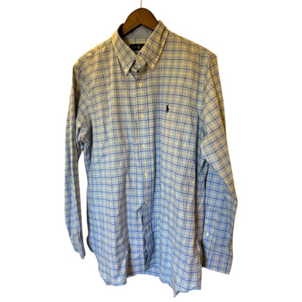 Ralph Lauren Men's Large Blue Yellow Plaid Cotton Button Down Shirt Long Sleeve